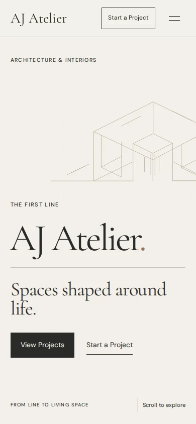 AJ Atelier: actual mobile homepage