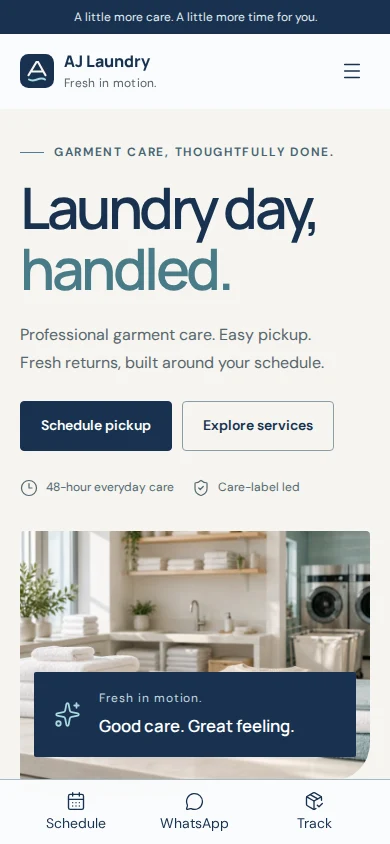 AJ Laundry: actual mobile homepage